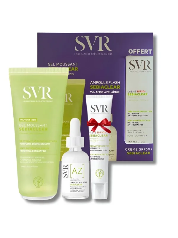 SVR COFFRET SEBIACLEAR-CREME LAVANTE 200ML+AMPOULE AZ FLASH ANTI IMPERFECTIONS 30ML+CREME SOLAIRE MATIFIANTE SPF50 40ML OFFERTE